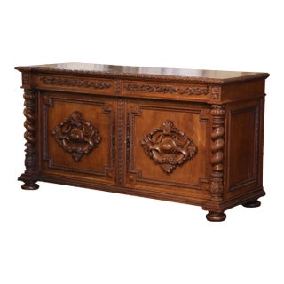 19th Century French Louis XIII Carved Oak Buffet With Parquetry Top For Sale