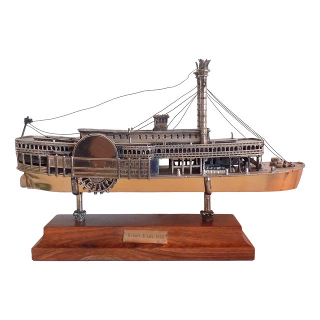 Large Vintage Italian Silver 800 Steamboat Statue with Wooden Base by Robert E. Lee, 1970s For Sale