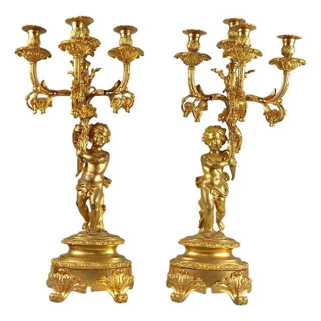 Antique French Gilt Bronze Candelabras, 1800s, Set of 2 For Sale