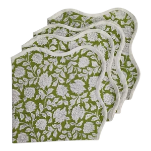 Handmade Scalloped Moss Green Floral Napkins with White Piping - Set of 4
