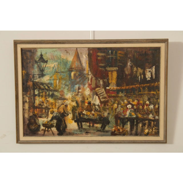 High Quality Vintage European Market Scene, Oil on Canvas, Signed and dated '67' on the Lower Center, Custom Wood Frame...