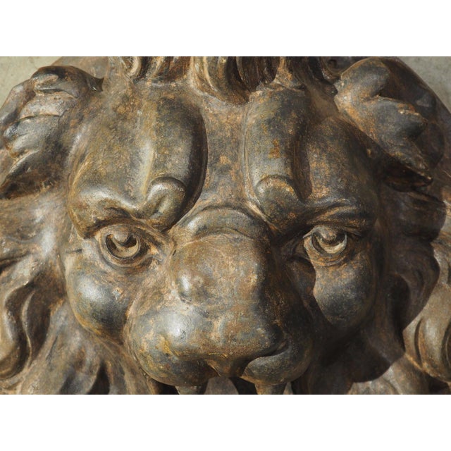 Pair of Heavy French Cast Iron Lion Building Ornaments, Circa 1900 For Sale - Image 13 of 18