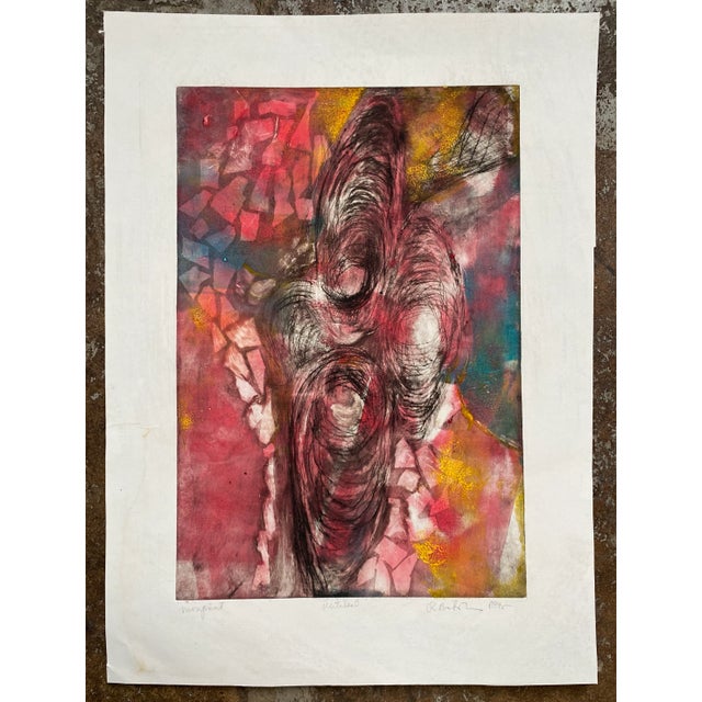 1995 abstract expressionist etching in the MCM style, pencil signed R (Rachel) Nichols, untitled and marked monoprint....