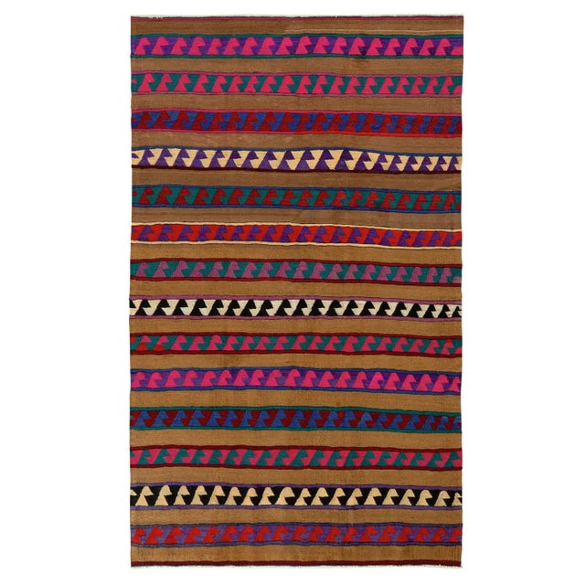 Vintage Turkish Kilim Rug in Brown, Pink and Blue Stripe Pattern For Sale In New York - Image 6 of 6
