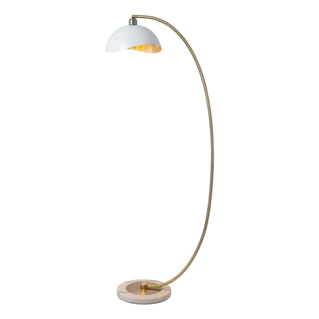 Luna Bella Chairside Arc Floor Lamp - 60", Matte White/Gold-Leaf Shade, Weathered Brass, Marble Base, Floor Dimmer For Sale