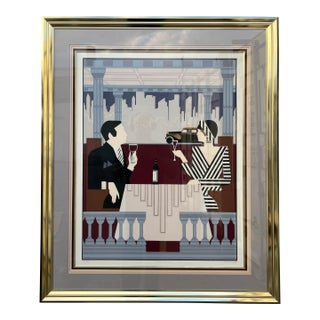 Large 1980s Art Deco Revival Framed Silkscreen "Rendezvous" Signed by the Artist. For Sale