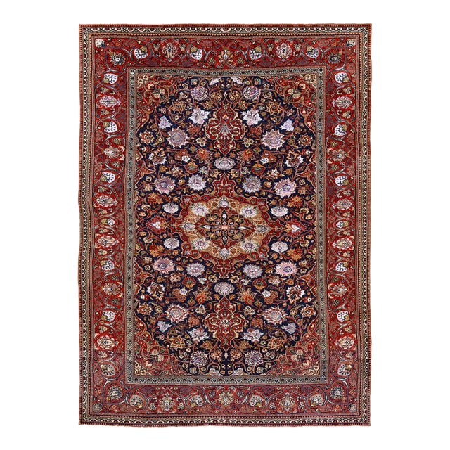 1920s Blue Navy Medallion Antique Persian Silk & Wool Kashan Carpet 4'4" X 6'6' Rug For Sale