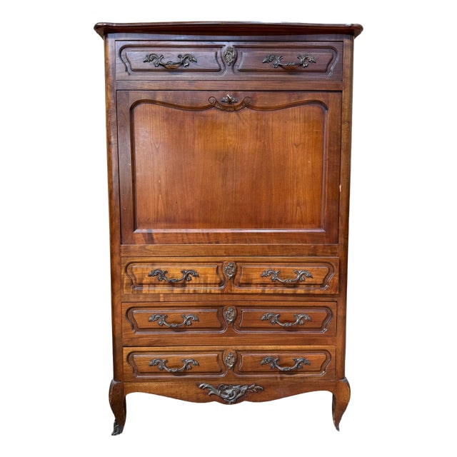 Louis XV Style Drop-Front Secretaire Desk in Cherry Wood, 1950s For Sale