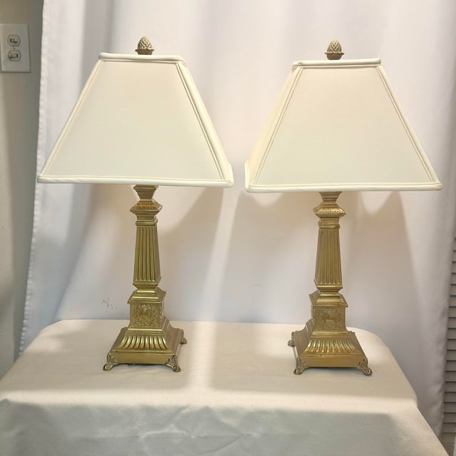 Hollywood Regency Vintage 1990s Robert Abbey Neoclassical Style Brass Table Lamps - A Pair For Sale - Image 3 of 12