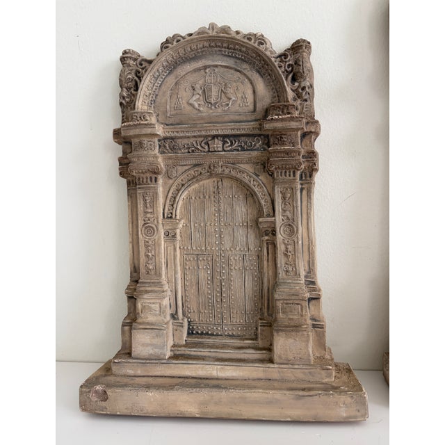 Sculpture Materials Set of 3 Vintage Plaster Architectural Wall Plaques With Renaissance Doorway Reliefs & Cherub Fragment For Sale - Image 7 of 14