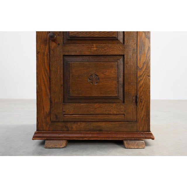 Rustic Rustic Oak Cabinet with Geometric Floral Carvings, Belgium , 17th Century For Sale - Image 3 of 13