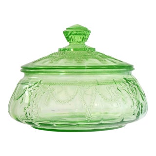 Cameo Green Depression Uranium Glass Candy Jar For Sale