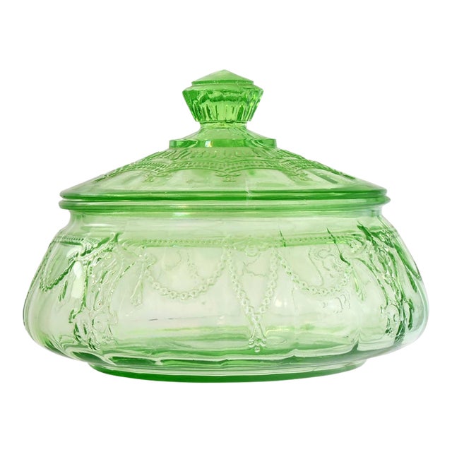 Cameo Green Depression Uranium Glass Candy Jar For Sale