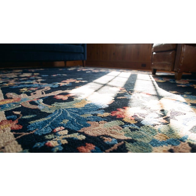 Textile 1920s Black Floral Antique Chinese Art Deco Rug 5'7" X 8'4" Knotted Wool Carpet For Sale - Image 7 of 9