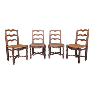 1940s French Carved Wood and Woven Chairs, Set of 4 For Sale