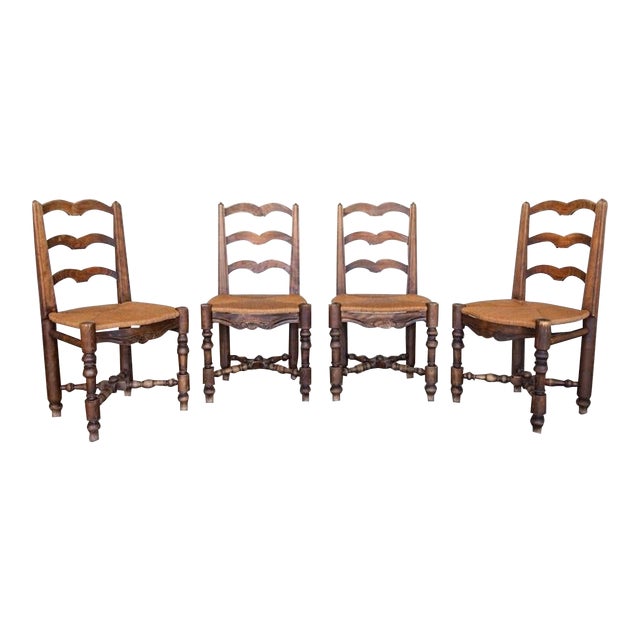 1940s French Carved Wood and Woven Chairs, Set of 4 For Sale