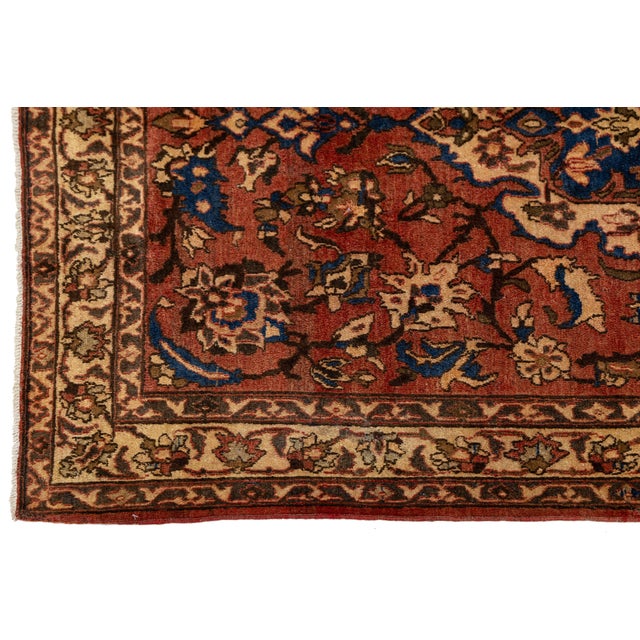 1950s Mid-20th Century Vintage Turkish Anatolian Oushak Rug With Terracotta & Indigo Floral Medallion For Sale - Image 5 of 9