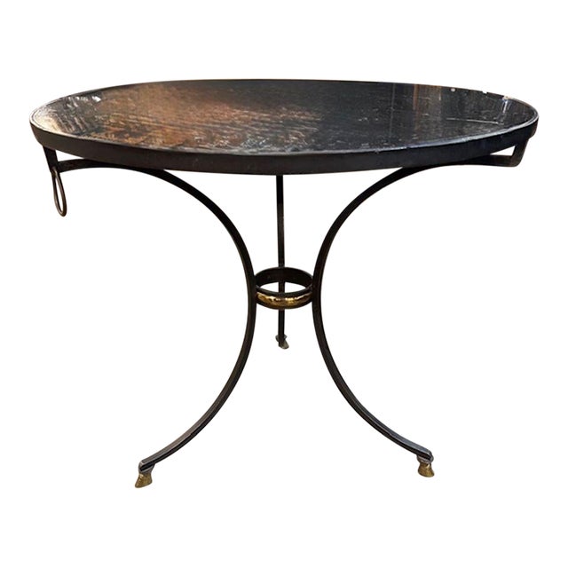 Antique French Maison Jansen Style Steel and Brass Table With Black Marble For Sale