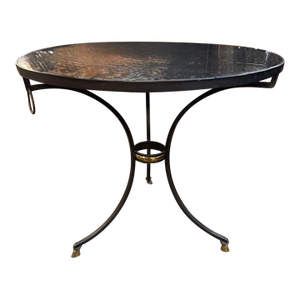 Antique French Maison Jansen Style Steel and Brass Table With Black Marble