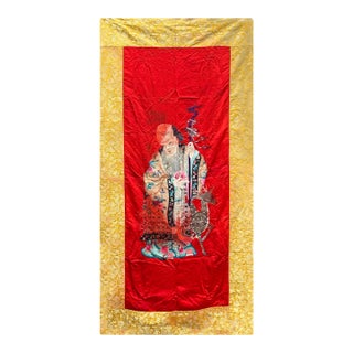 Vintage Chinese Shoulao Longevity Peach Deer Embroidery Fabric Tapestry Art For Sale