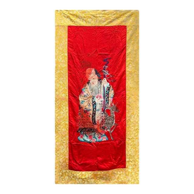 Vintage Chinese Shoulao Longevity Peach Deer Embroidery Fabric Tapestry Art For Sale
