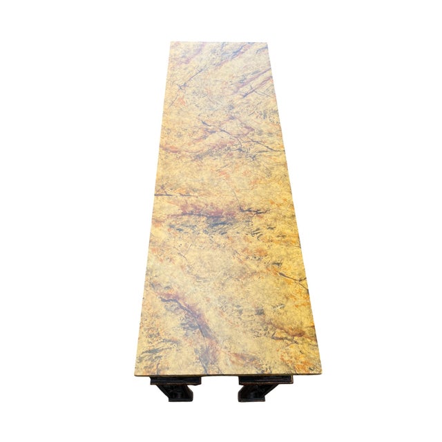 1990s Chinese Chippendale Chinoserie Faux Marble Top Console / Sofa Tables a Pair For Sale - Image 16 of 18