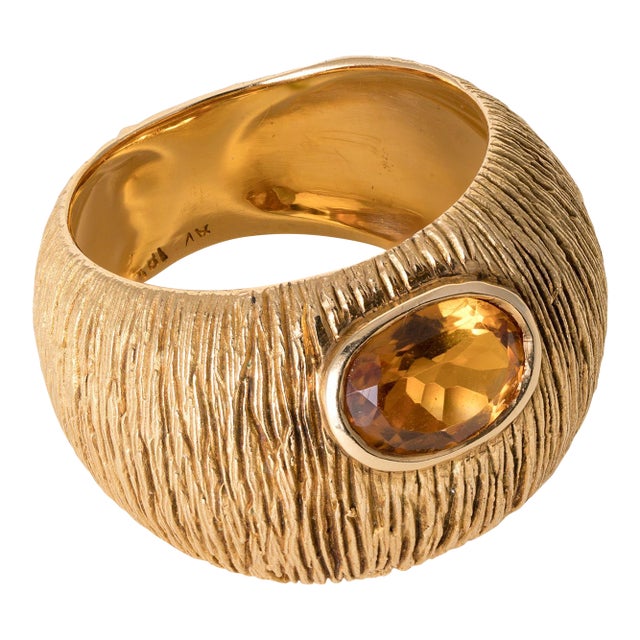 Vintage 18k Gold Citrine Bezel Dome Wide Band Ring, Size 6.75 For Sale