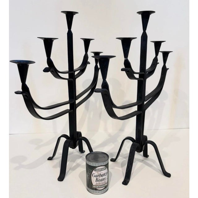 1960s Pair of Vintage Spanish Brutalist Iron Candelabras 5 Candle Holder Large! MCM For Sale - Image 5 of 10