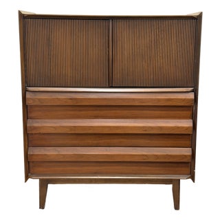 Lane Mid-Century Modern Walnut Tall Chest With Fluted Doors For Sale