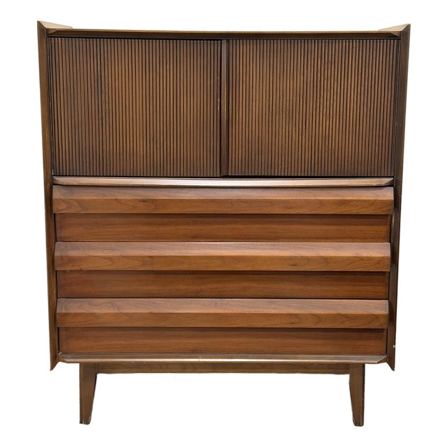 Lane Mid-Century Modern Walnut Tall Chest With Fluted Doors For Sale
