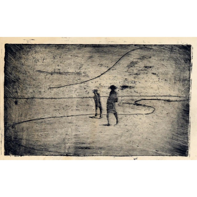 Contemporary Two Figures on the Shore - Minimalist Landscape Drypoint Etching in Ink on Paper by Doris Warner For Sale - Image 3 of 4