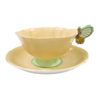 1940s Paragon Peach and Green Butterfly Handle Teacup and Saucer For Sale