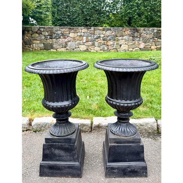 Pair English Neoclassical Black Cast Iron Campana Garden Urns on Plinths, Circa 1880 For Sale - Image 4 of 12