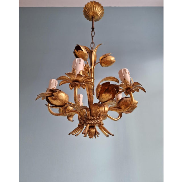 Italian Hollywood Regency Style Floral Chandelier in Gold Metal, 1970s For Sale - Image 12 of 12
