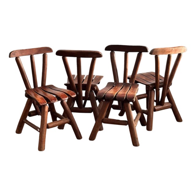 1960s Vintage Brutalist Wabi-Sabi Wood Dining Chairs, Set of 4 For Sale