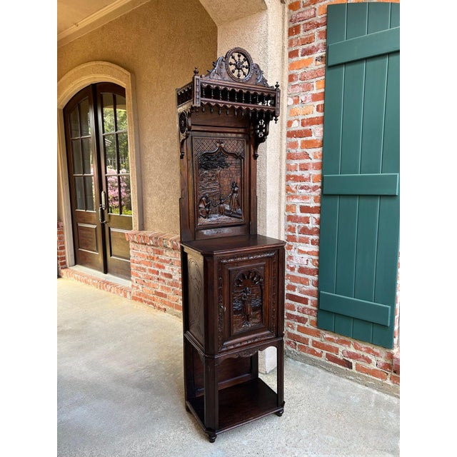 French Country Antique French Breton Hall Cabinet Tall Narrow Carved Crown Bookcase C1880 For Sale - Image 3 of 18
