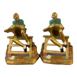 Vintage “Bookworm” Figural Cast Iron Bookends – Reading Scholar Pair