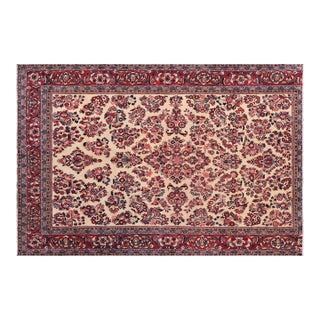 1970s Handmade Ivory Red Floral Oriental Rug 6'2" X 8'8" For Sale