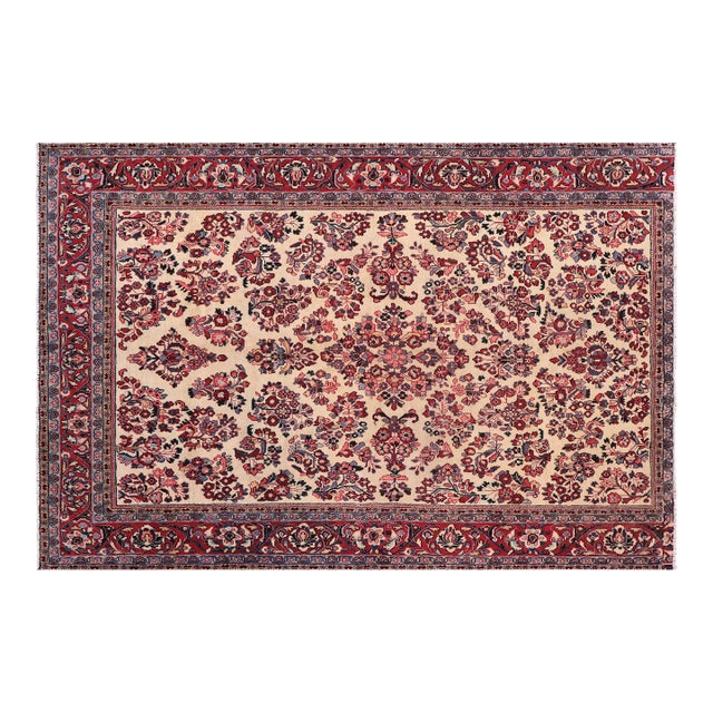 1970s Handmade Ivory Red Floral Oriental Rug 6'2" X 8'8" For Sale