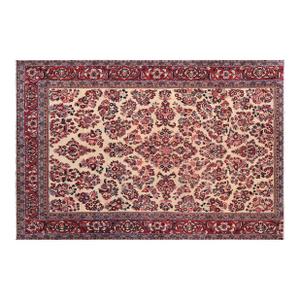 1970s Handmade Ivory Red Floral Oriental Rug 6'2" X 8'8"