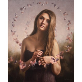 Serenity by Beth Sistrunk | Oil on panel Portrait of a girl surrounded by butterflies. For Sale
