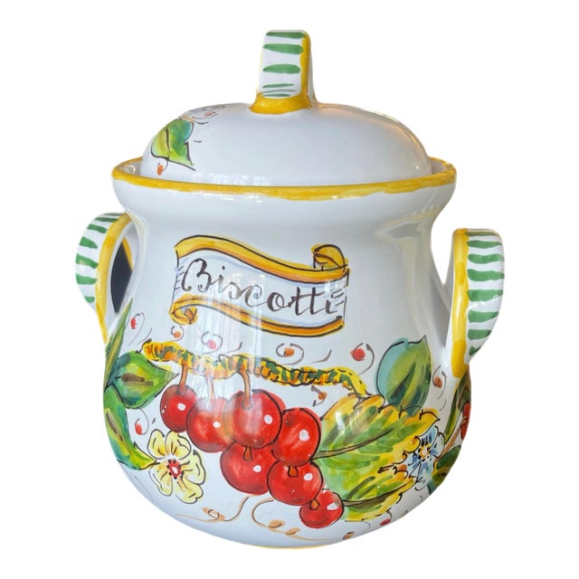 Italian Hand Painted Ceramic Biscotti Jar For Sale