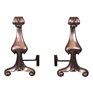 Antique Art Nouveau Polished Steel Fire Dogs, 1900, Set of 2 For Sale