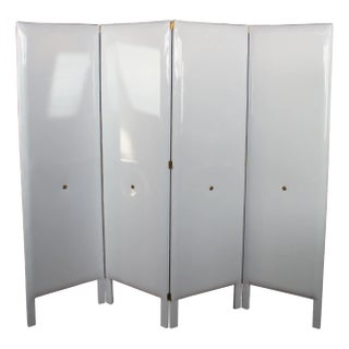 Susan Curtis Mid Century Modern White Patent Leather Folding Screen Room Divider For Sale