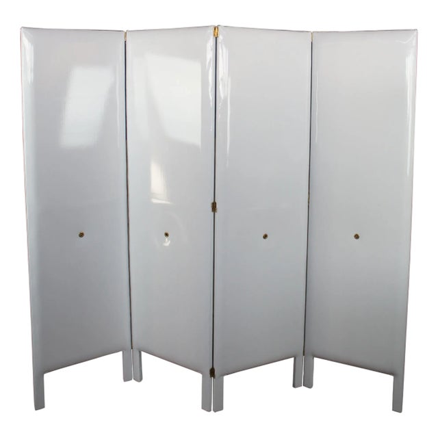Susan Curtis Mid Century Modern White Patent Leather Folding Screen Room Divider For Sale