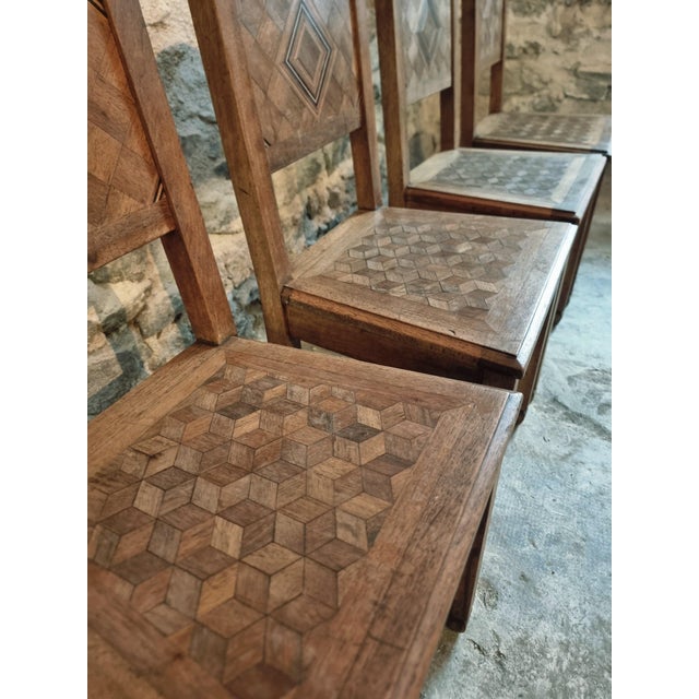 Early Art Deco Walnut Dining Chairs with Geometric Inlay, 1930, Set of 4 For Sale - Image 3 of 15