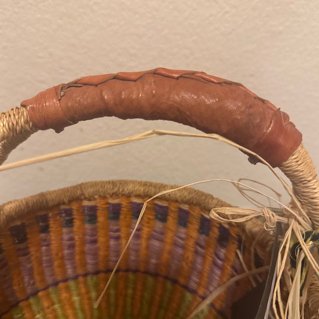 Contemporary African Artisanal Handwoven Wicker & Leather Storage Market Basket For Sale - Image 4 of 10