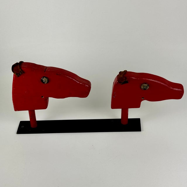 Farmhouse Vintage Farmhouse Double Wooden Horse Heads Sculpture in Red, Kids Decor For Sale - Image 3 of 11