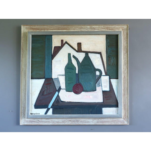 GREEN VESSELS & HOUSE FORM Oil on canvas Size: 24.8 x 26.8 inches (including frame) A brilliantly executed and richly...