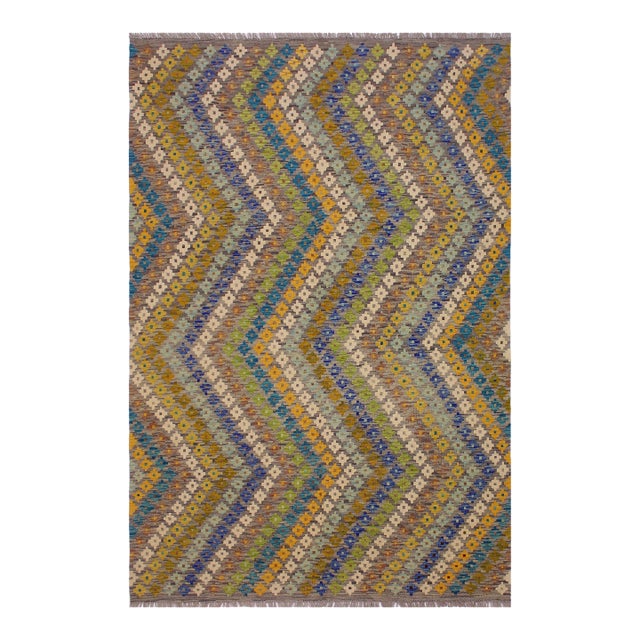 Shabby Chic Kilim Ivory Gray Wool Rug - 5'5" X 8'3" For Sale